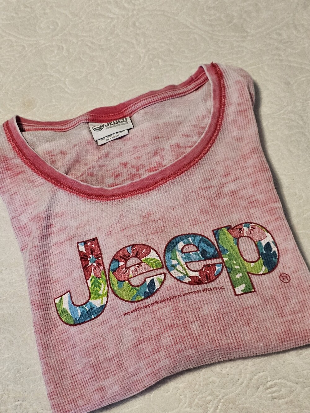 Jedco Women's Long Sleeve Thermal Shirt Waffle Knit Pink Acid Wash Floral Logo L